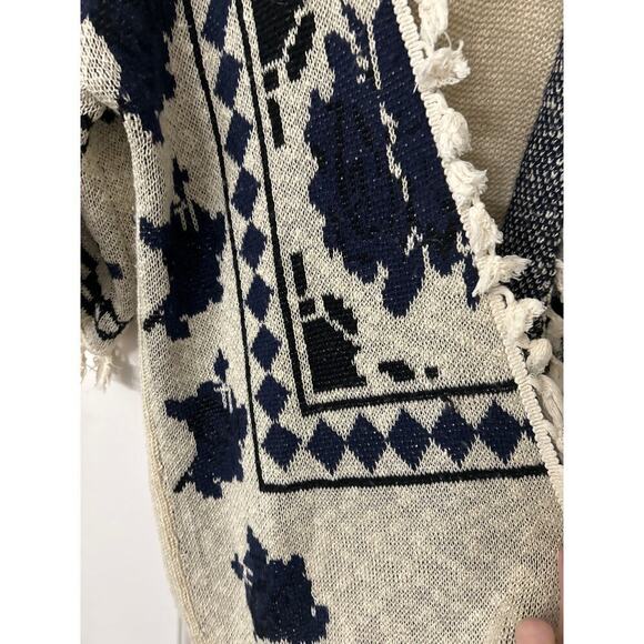 World Market Cream & Navy Blue Fringe Open Front 3/4 Sleeve Boho Cardigan O/S - Picture 8 of 11